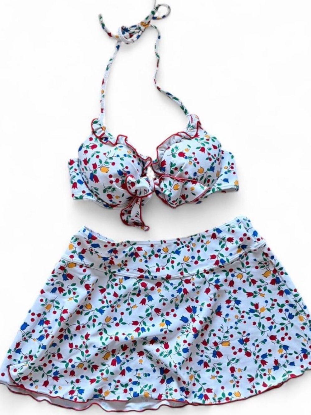 Floral Three-Piece Bikini Set in White with Multicolor floral Print